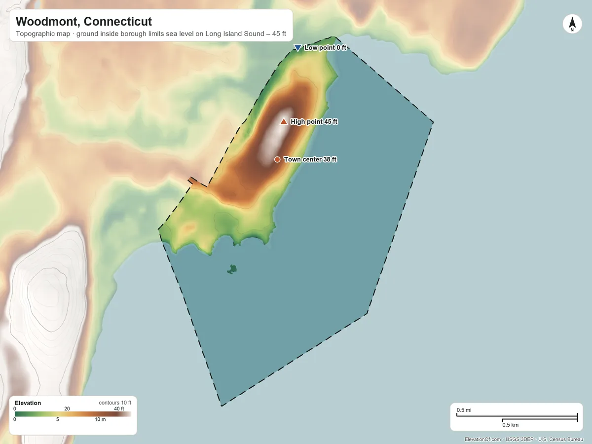 Topographic elevation map of Woodmont, Connecticut, shaded from sea level level on Long Island Sound to 45 ft near the middle