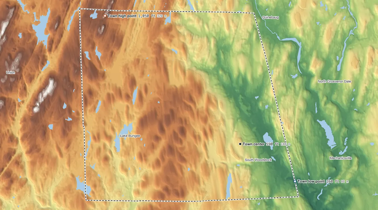 Topographic elevation map of Woodstock, Connecticut, shaded from 260 ft on the southeast side to 1,052 ft on Hatchet Hill