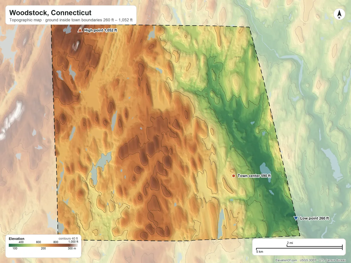 Topographic elevation map of Woodstock, Connecticut, shaded from 260 ft on the southeast side to 1,052 ft on Hatchet Hill