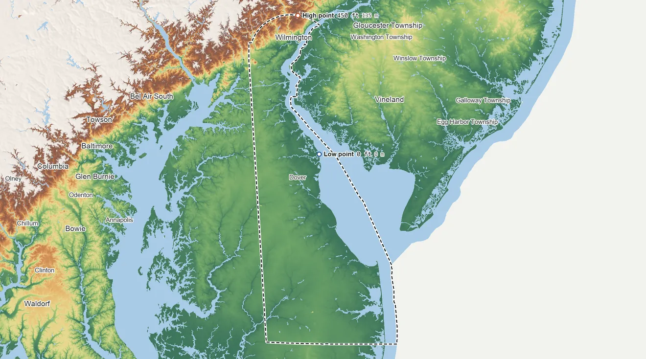 Topographic elevation map of Delaware, shaded from sea level on Delaware Bay to 450 ft on the north side