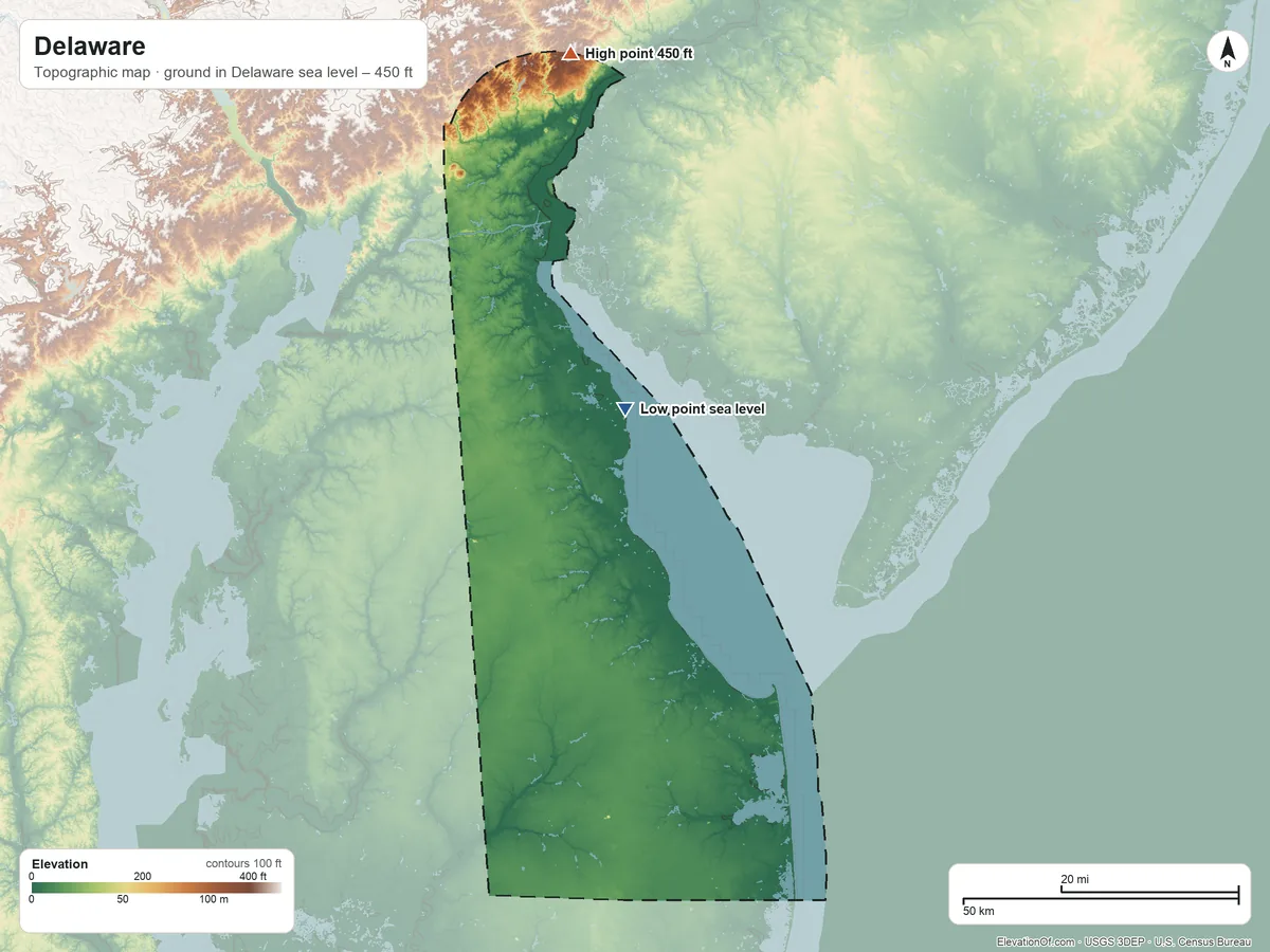 Topographic elevation map of Delaware, shaded from sea level on Delaware Bay to 450 ft on the north side