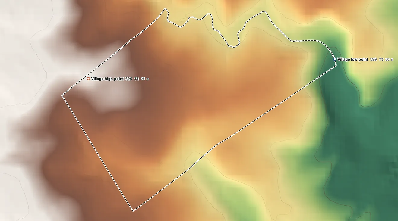 Topographic elevation map of Arden, Delaware, shaded from 190 ft on the east side to 320 ft on the west side