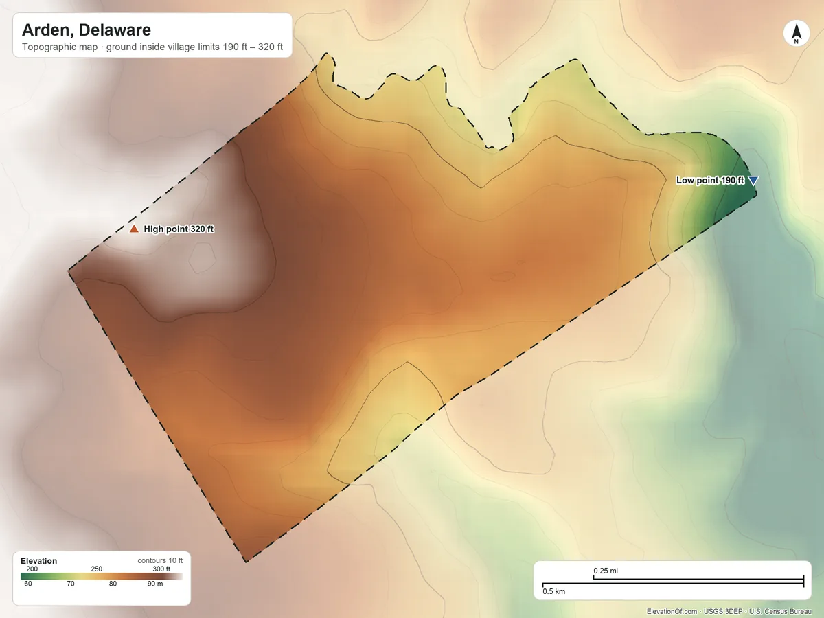 Topographic elevation map of Arden, Delaware, shaded from 190 ft on the east side to 320 ft on the west side