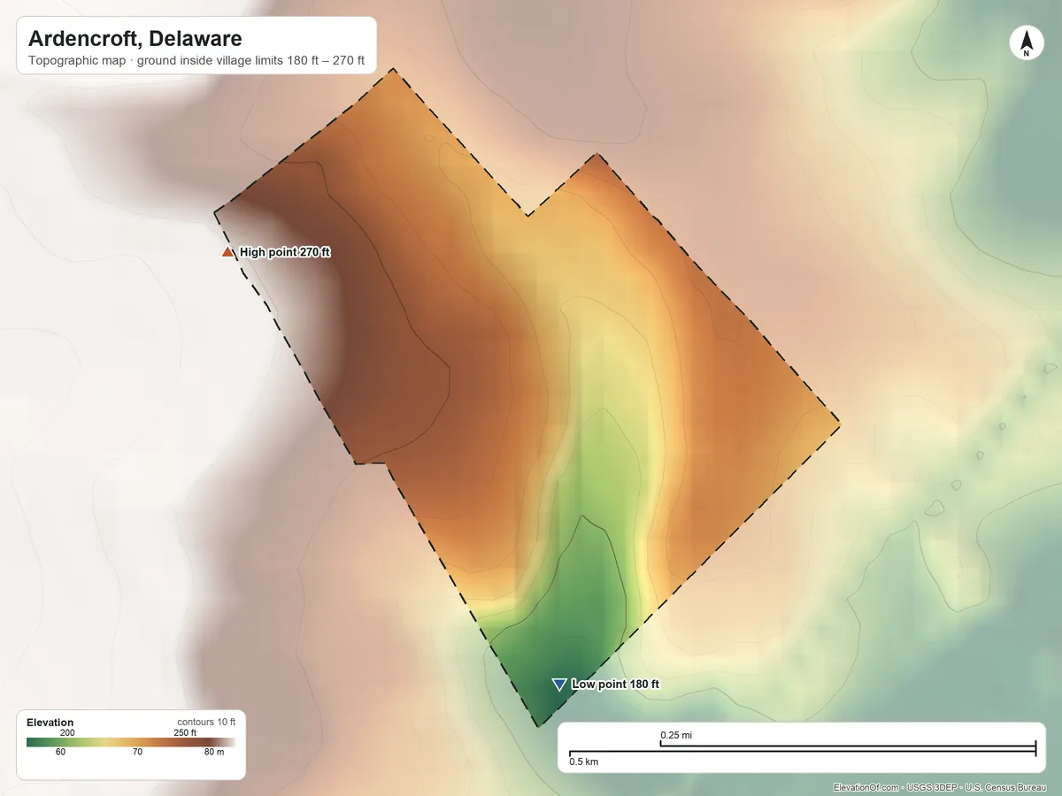 Topographic elevation map of Ardencroft, Delaware, shaded from 180 ft on the south side to 270 ft on the west side