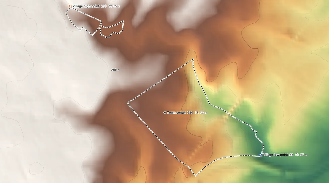 Topographic elevation map of Ardentown, Delaware, shaded from 88 ft on the southeast side to 280 ft on the northwest side