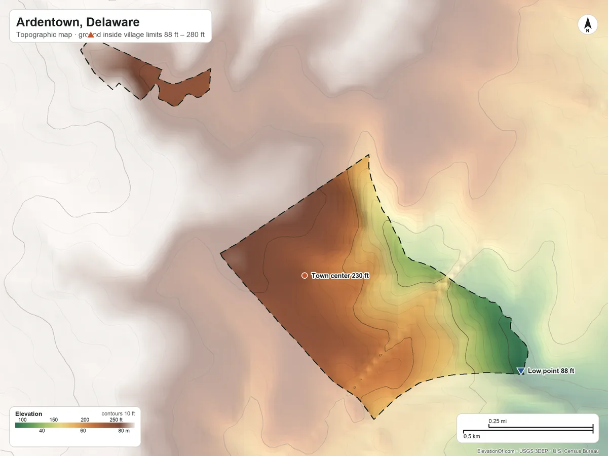 Topographic elevation map of Ardentown, Delaware, shaded from 88 ft on the southeast side to 280 ft on the northwest side