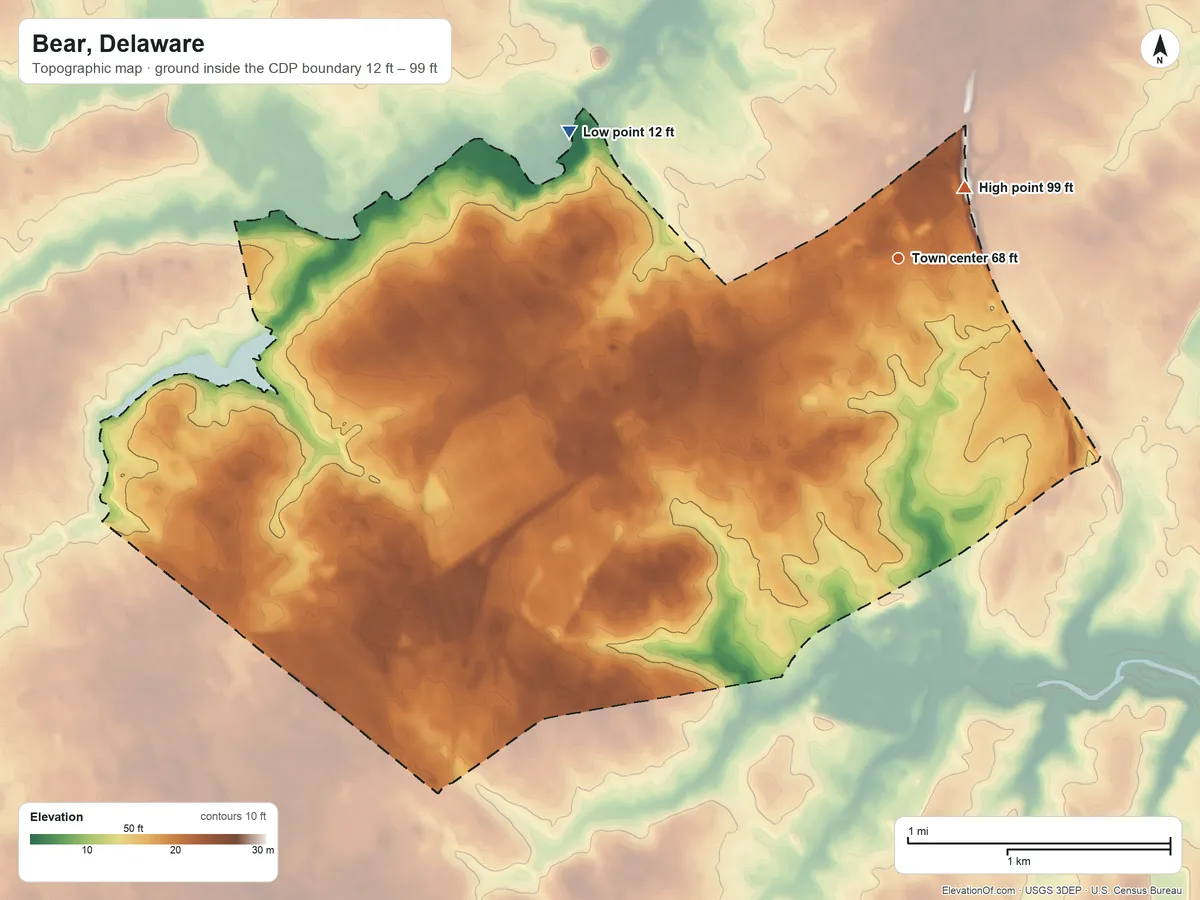 Topographic elevation map of Bear, Delaware, shaded from 12 ft on the west side to 99 ft near the middle