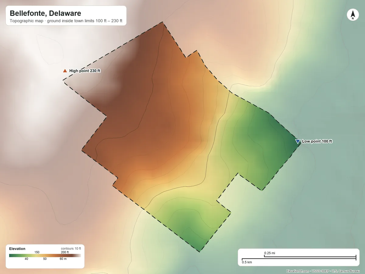 Topographic elevation map of Bellefonte, Delaware, shaded from 100 ft on the east side to 230 ft on the northwest side