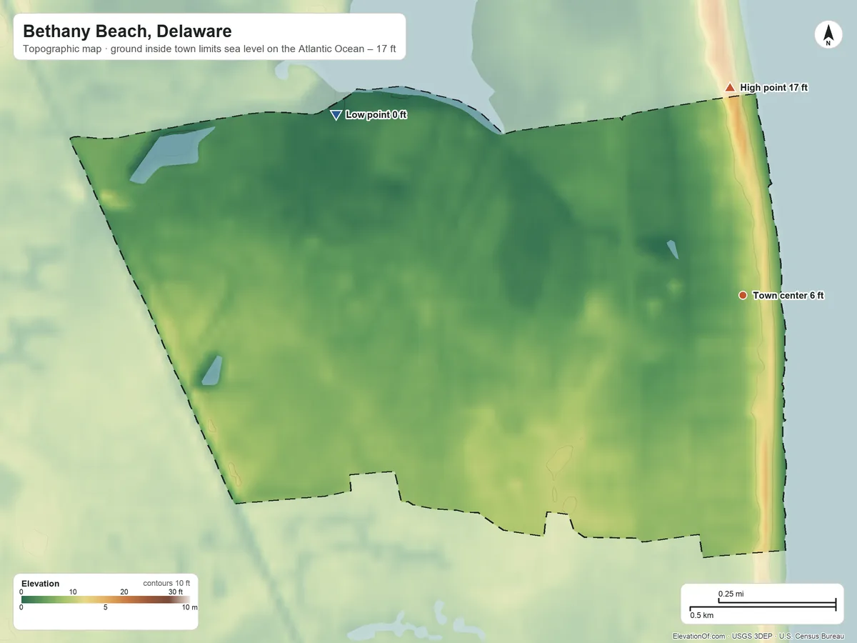 Topographic elevation map of Bethany Beach, Delaware, shaded from sea level level on the Atlantic Ocean to 17 ft on the north side