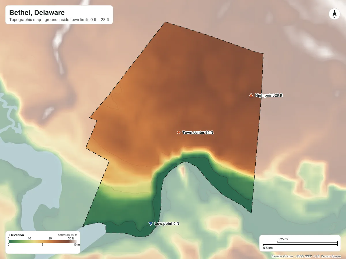 Topographic elevation map of Bethel, Delaware, shaded from 0 ft on the south side to 28 ft on the northeast side
