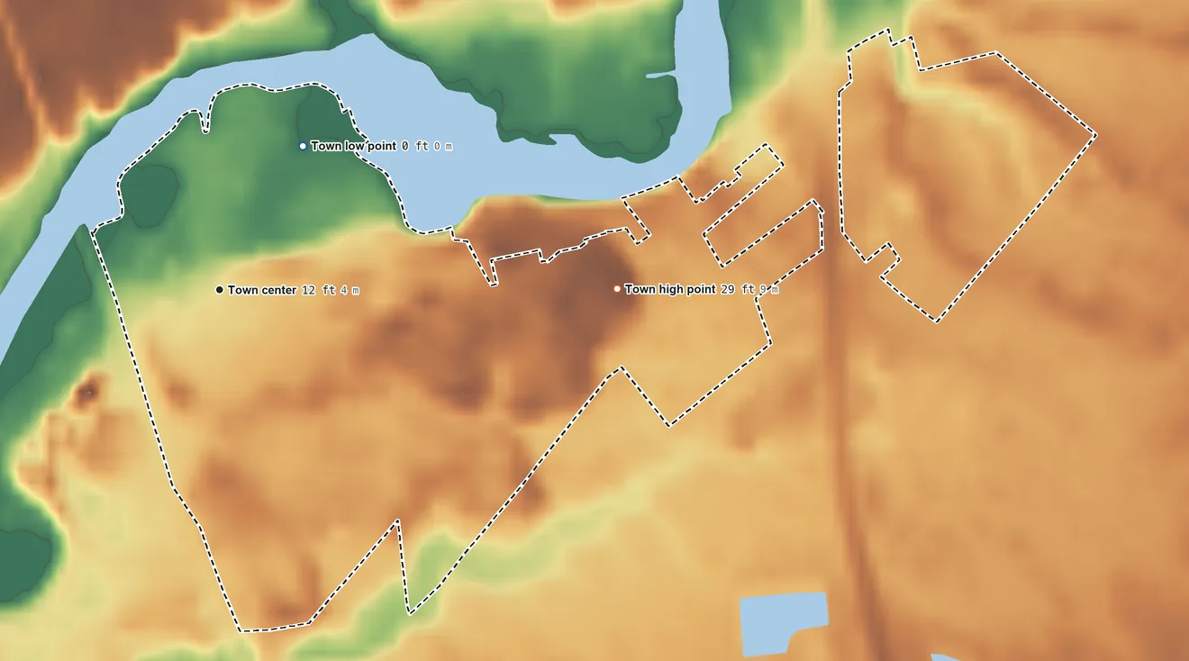 Topographic elevation map of Blades, Delaware, shaded from 0 ft on the northeast side to 29 ft on the east side