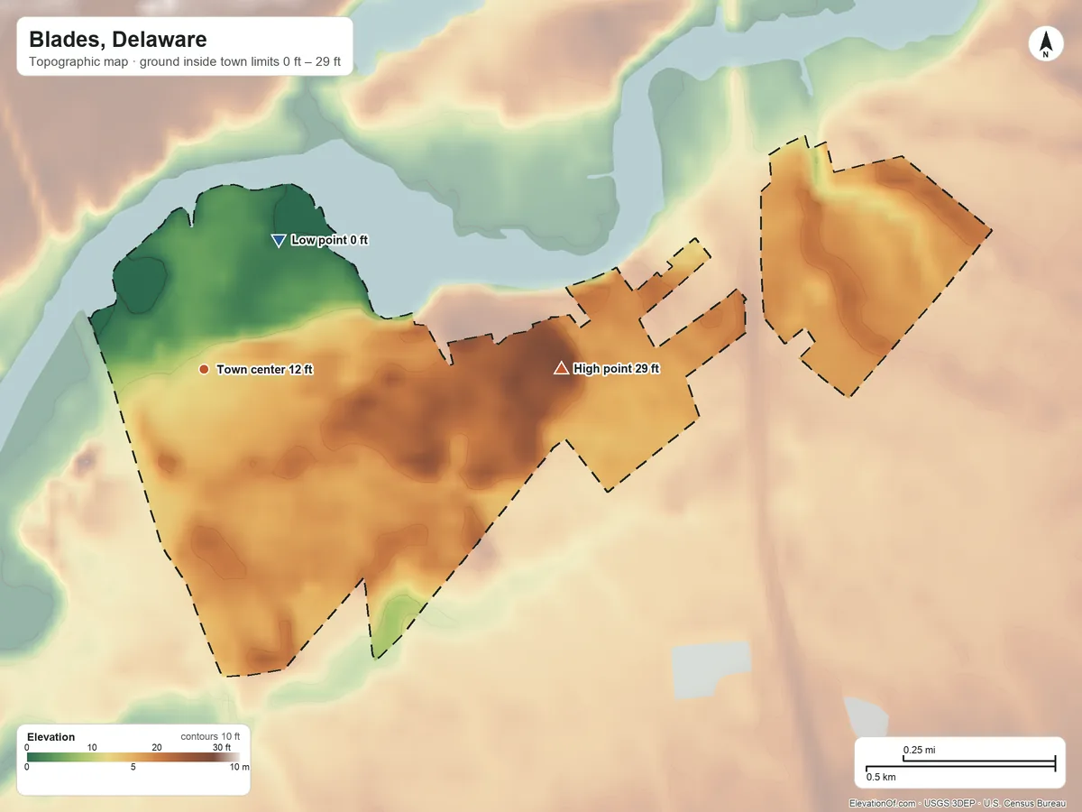 Topographic elevation map of Blades, Delaware, shaded from 0 ft on the northeast side to 29 ft on the east side