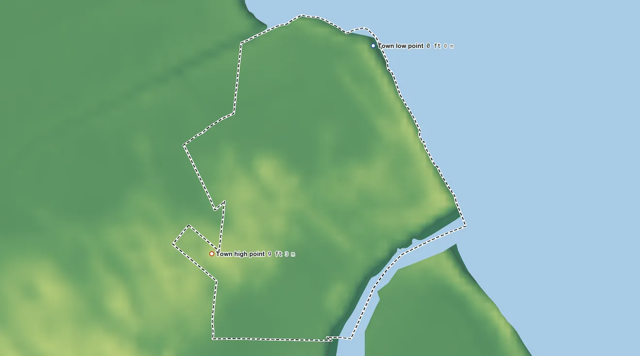 Topographic elevation map of Bowers, Delaware, shaded from sea level level on Delaware Bay to 9 ft on the west side