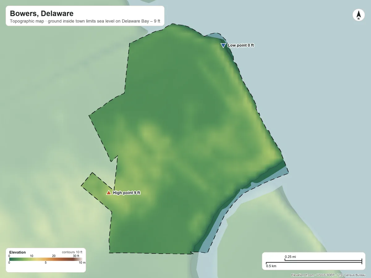 Topographic elevation map of Bowers, Delaware, shaded from sea level level on Delaware Bay to 9 ft on the west side