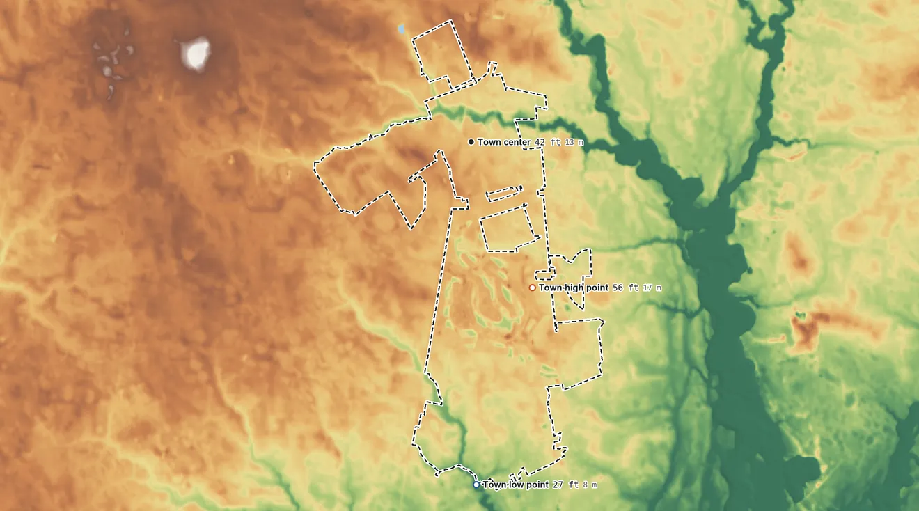 Topographic elevation map of Bridgeville, Delaware, shaded from 27 ft on the south side to 56 ft on the southeast side