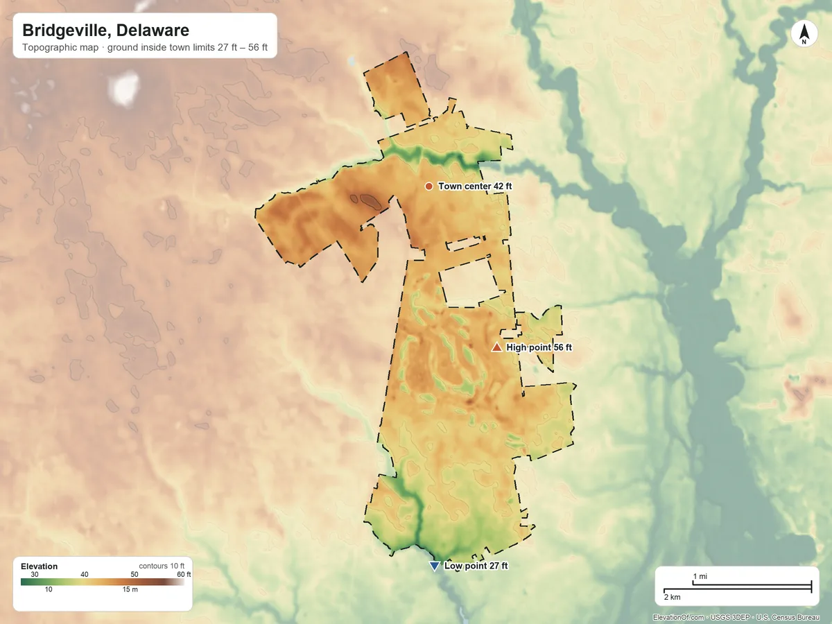 Topographic elevation map of Bridgeville, Delaware, shaded from 27 ft on the south side to 56 ft on the southeast side