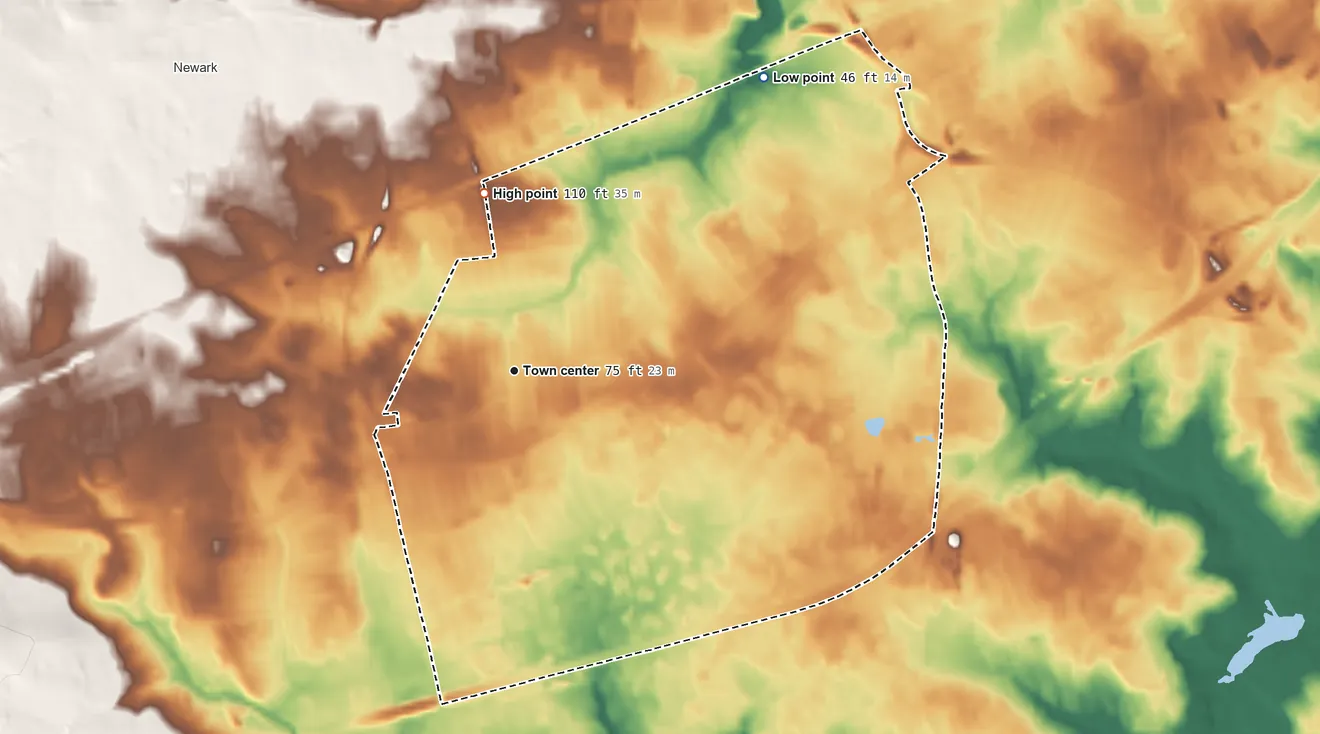 Topographic elevation map of Brookside, Delaware, shaded from 46 ft on the northeast side to 110 ft on the north side