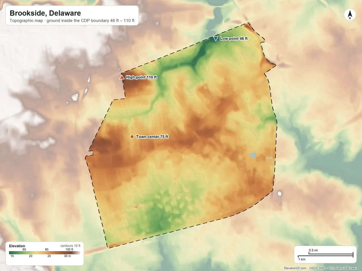Topographic elevation map of Brookside, Delaware, shaded from 46 ft on the northeast side to 110 ft on the north side