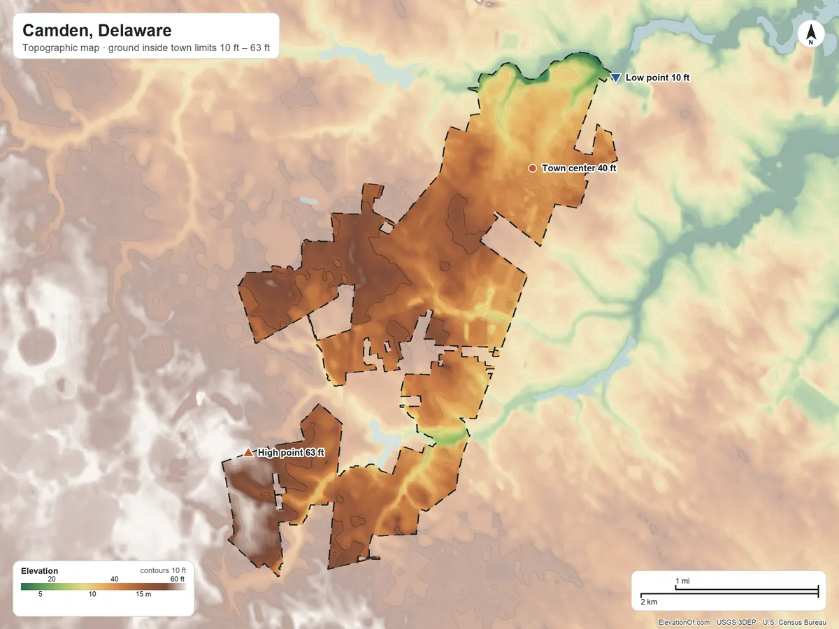 Topographic elevation map of Camden, Delaware, shaded from 10 ft on the northeast side to 63 ft on the southwest side