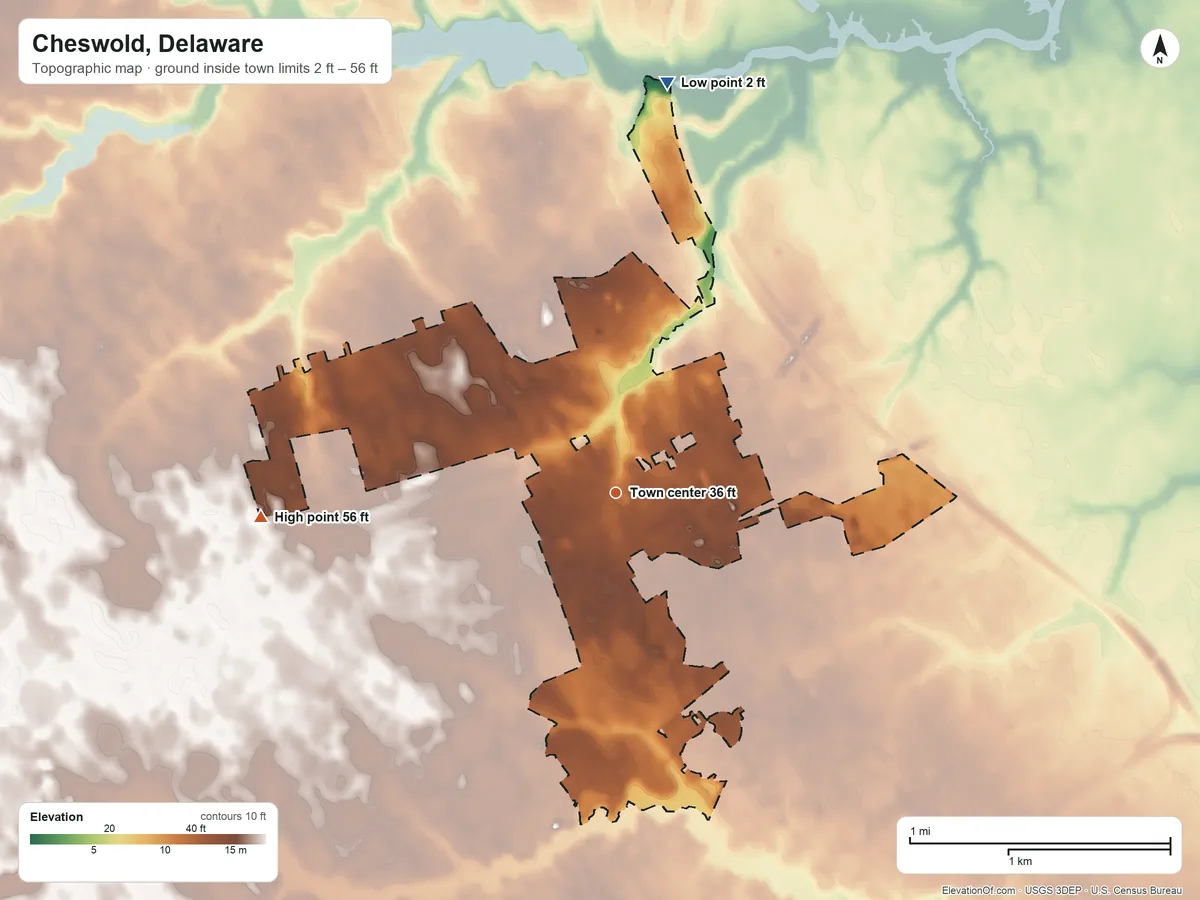 Topographic elevation map of Cheswold, Delaware, shaded from 2 ft on the north side to 56 ft on the west side