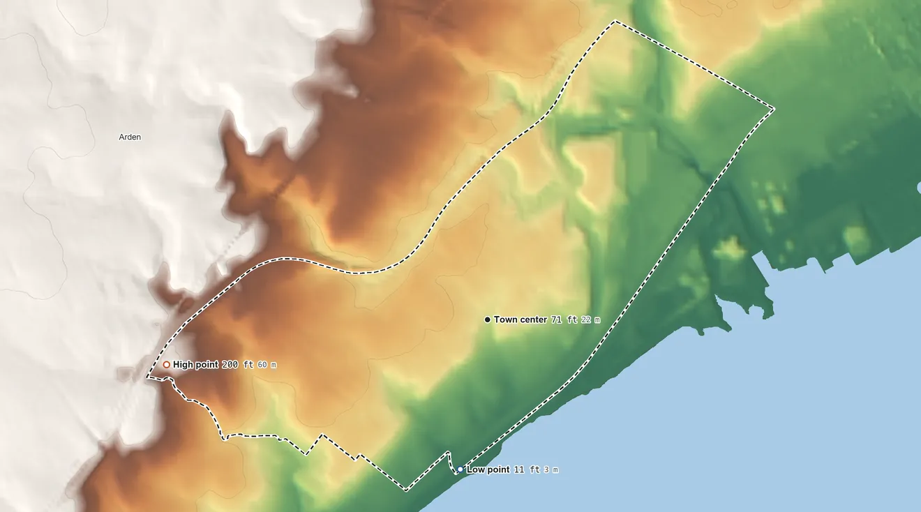 Topographic elevation map of Claymont, Delaware, shaded from 11 ft on the south side to 200 ft on the west side