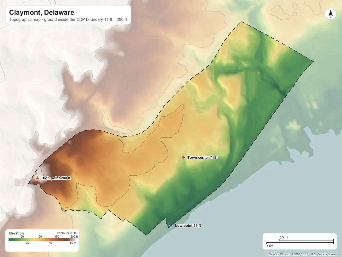 Topographic elevation map of Claymont, Delaware, shaded from 11 ft on the south side to 200 ft on the west side