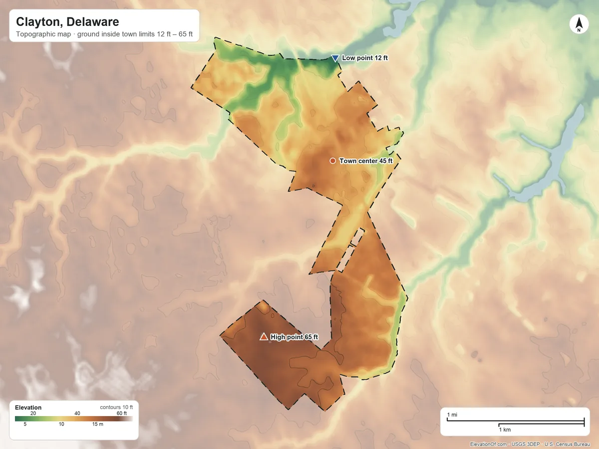 Topographic elevation map of Clayton, Delaware, shaded from 12 ft on the north side to 65 ft on the south side