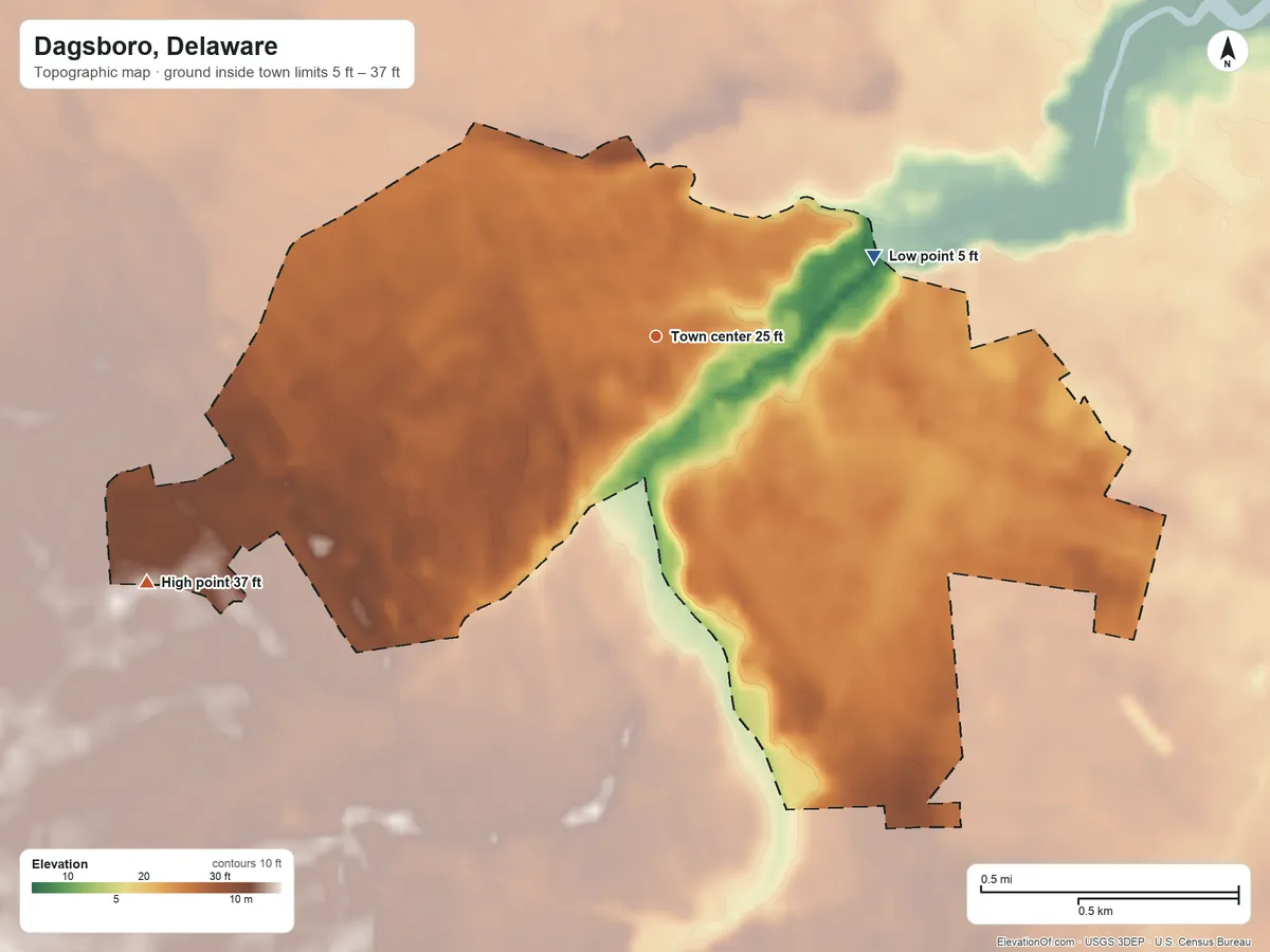 Topographic elevation map of Dagsboro, Delaware, shaded from 5 ft on the east side to 37 ft on the southwest side