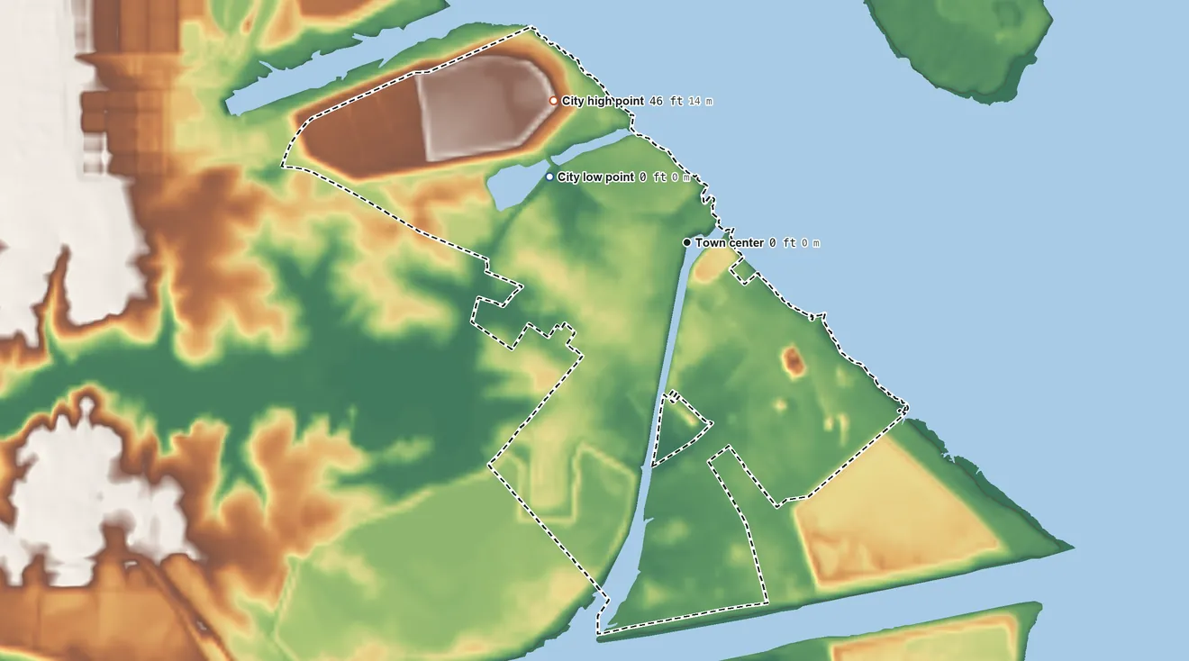 Topographic elevation map of Delaware City, Delaware, shaded from sea level level on Delaware Bay to 46 ft on the northwest side