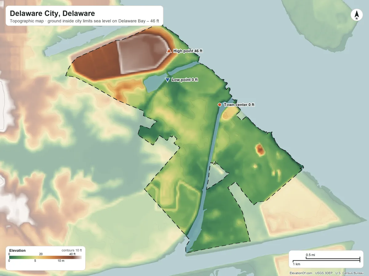 Topographic elevation map of Delaware City, Delaware, shaded from sea level level on Delaware Bay to 46 ft on the northwest side