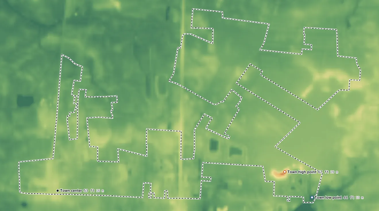 Topographic elevation map of Delmar, Delaware, shaded from 44 ft on the east side to 67 ft on the east side
