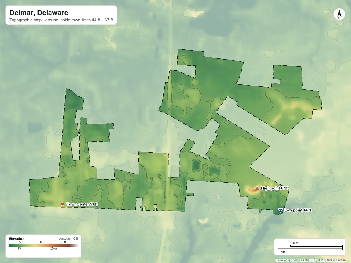 Topographic elevation map of Delmar, Delaware, shaded from 44 ft on the east side to 67 ft on the east side