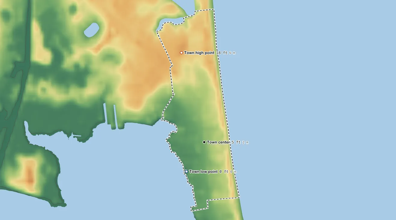 Topographic elevation map of Dewey Beach, Delaware, shaded from sea level level on Rehoboth Bay to 18 ft on the north side
