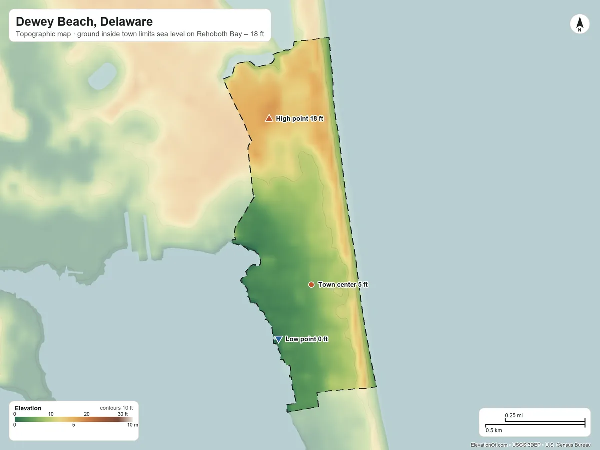 Topographic elevation map of Dewey Beach, Delaware, shaded from sea level level on Rehoboth Bay to 18 ft on the north side