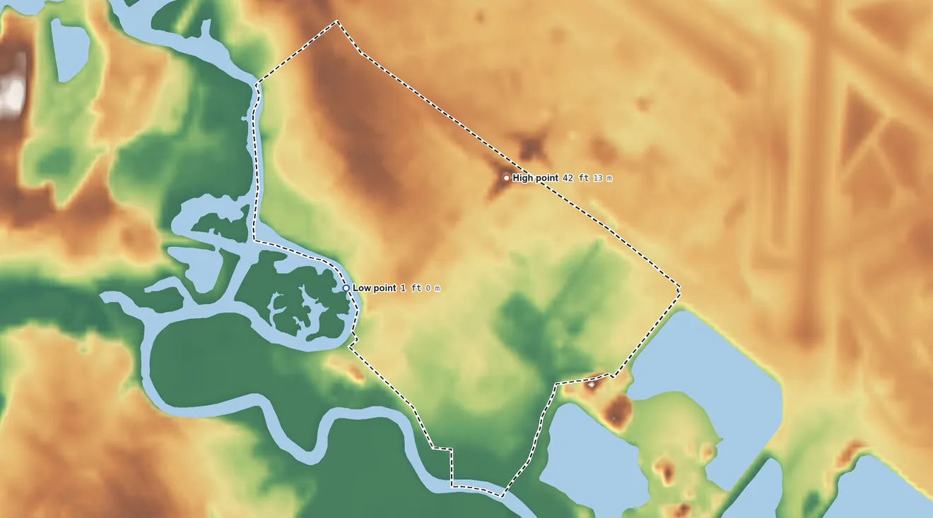 Topographic elevation map of Dover Base Housing, Delaware, shaded from 1 ft on the southwest side to 42 ft on the northeast side