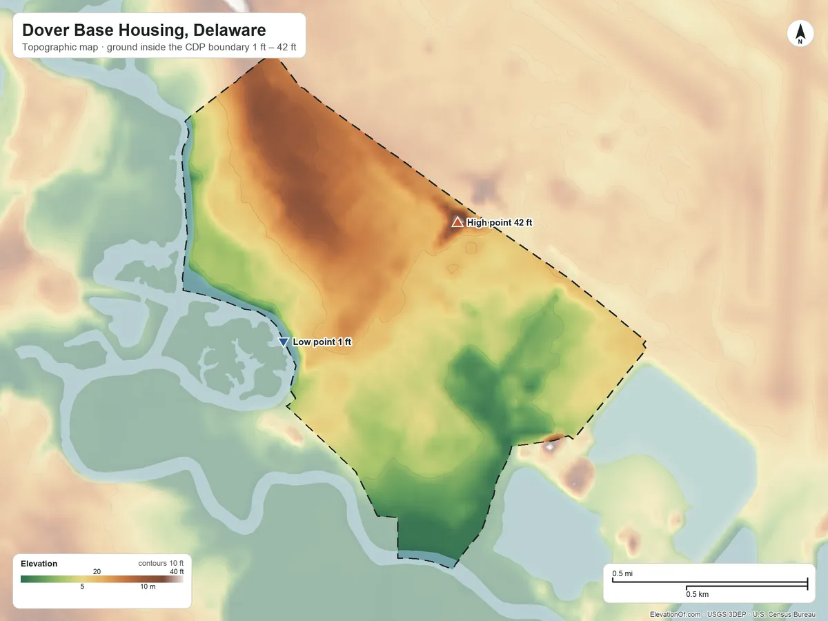 Topographic elevation map of Dover Base Housing, Delaware, shaded from 1 ft on the southwest side to 42 ft on the northeast side