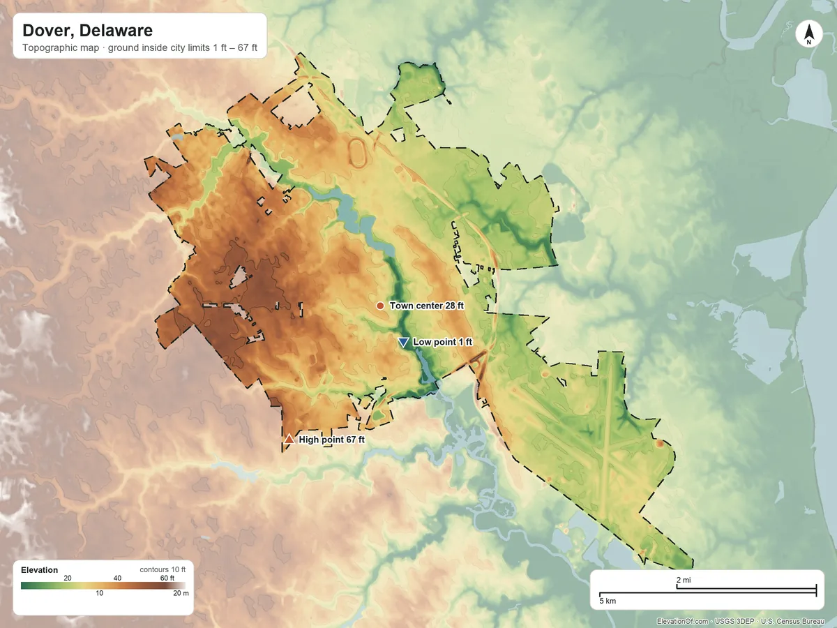 Topographic elevation map of Dover, Delaware, shaded from 1 ft near the middle to 67 ft on the southwest side