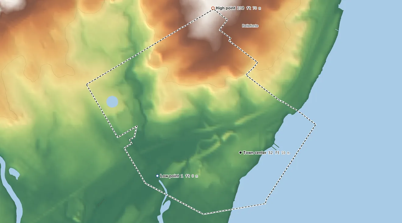 Topographic elevation map of Edgemoor, Delaware, shaded from 1 ft on the west side to 230 ft on the north side