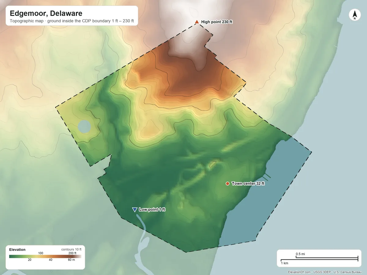 Topographic elevation map of Edgemoor, Delaware, shaded from 1 ft on the west side to 230 ft on the north side