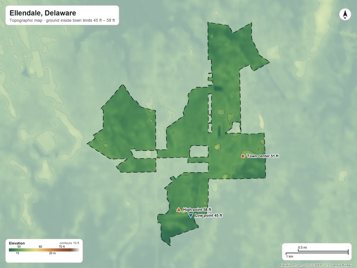 Topographic elevation map of Ellendale, Delaware, shaded from 45 ft on the southwest side to 58 ft on the southwest side