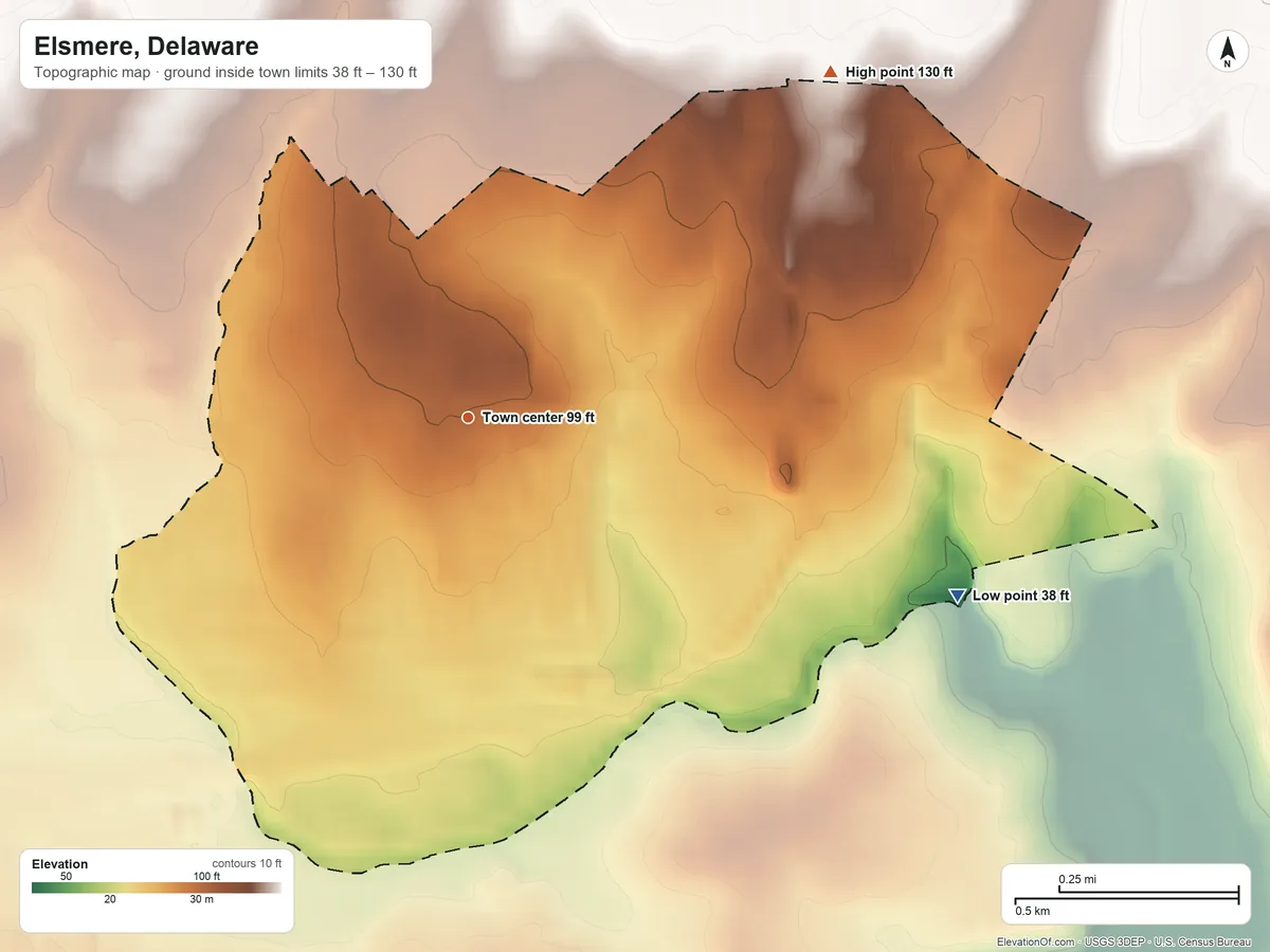 Topographic elevation map of Elsmere, Delaware, shaded from 38 ft on the east side to 130 ft on the northeast side