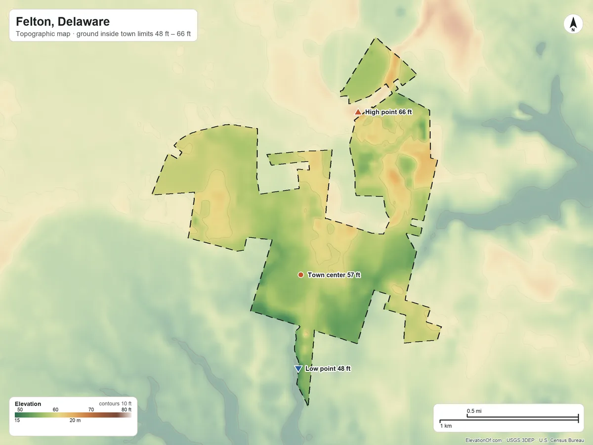 Topographic elevation map of Felton, Delaware, shaded from 48 ft on the south side to 66 ft on the north side