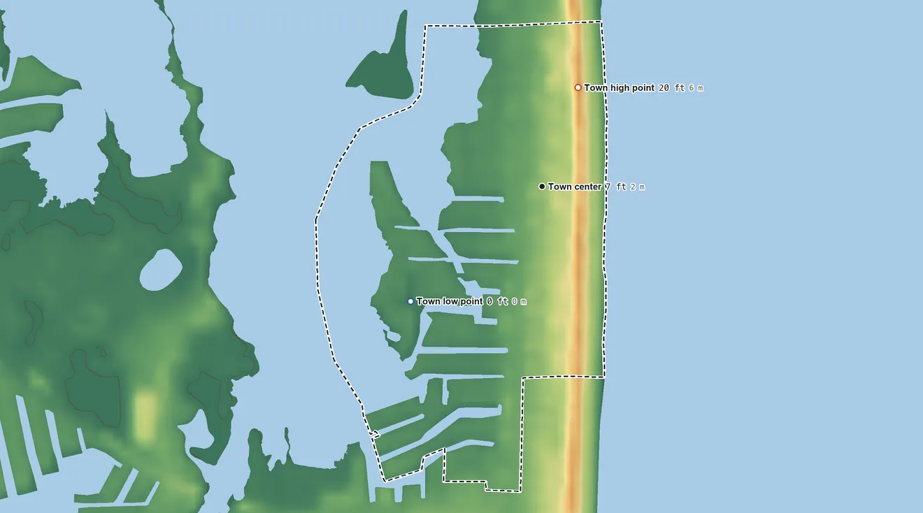 Topographic elevation map of Fenwick Island, Delaware, shaded from sea level level on Lighthouse Cove to 20 ft on the north side