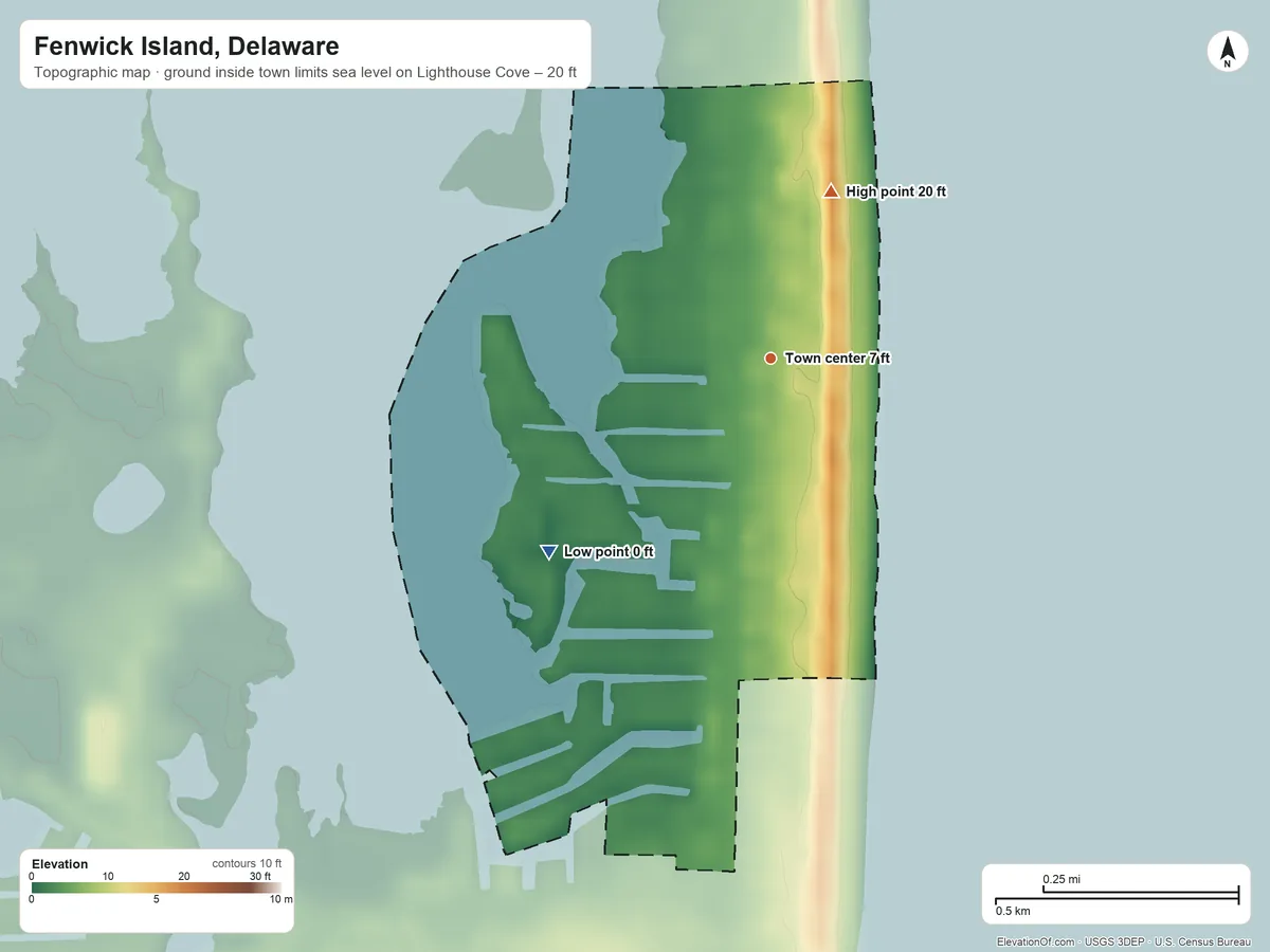 Topographic elevation map of Fenwick Island, Delaware, shaded from sea level level on Lighthouse Cove to 20 ft on the north side