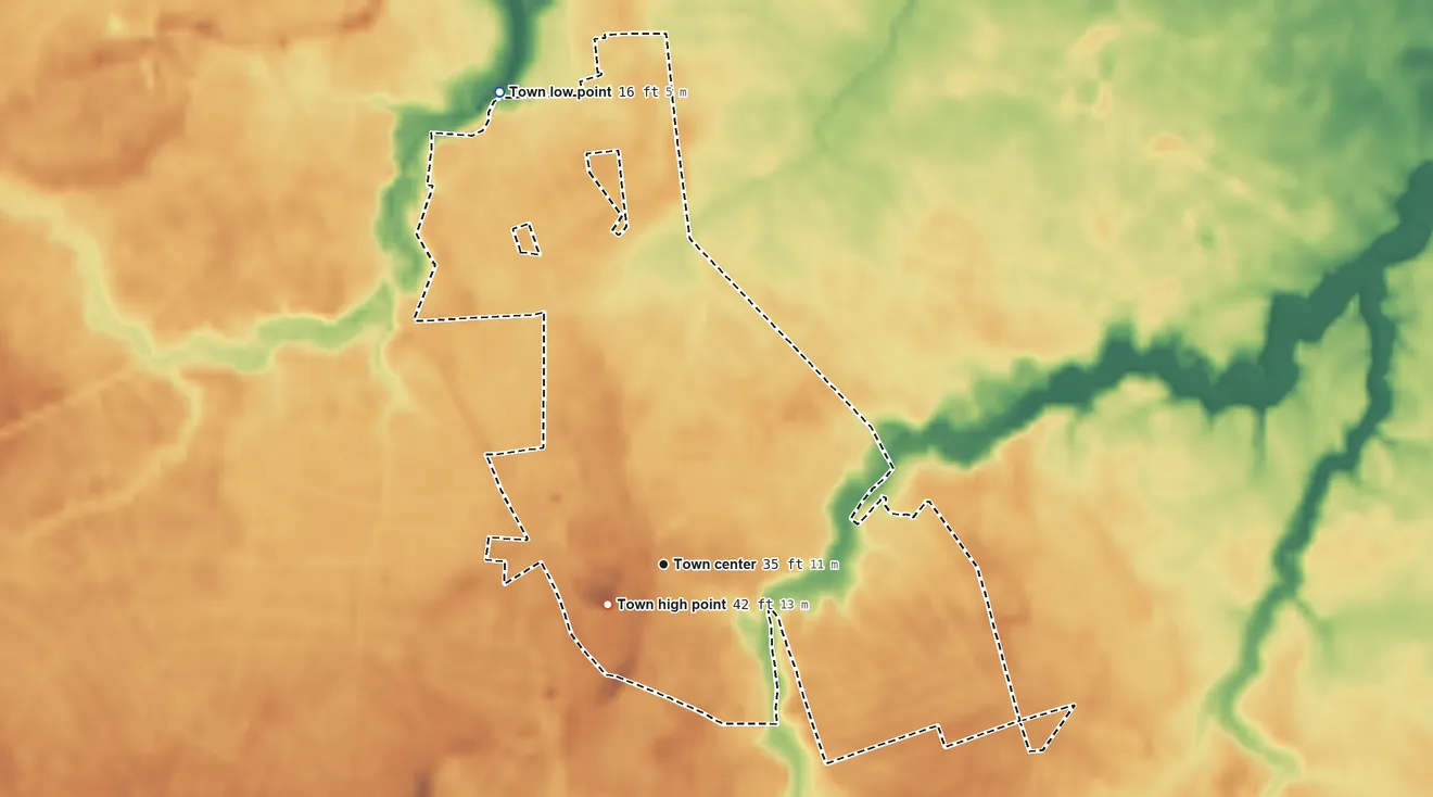 Topographic elevation map of Frankford, Delaware, shaded from 16 ft on the north side to 42 ft near the middle