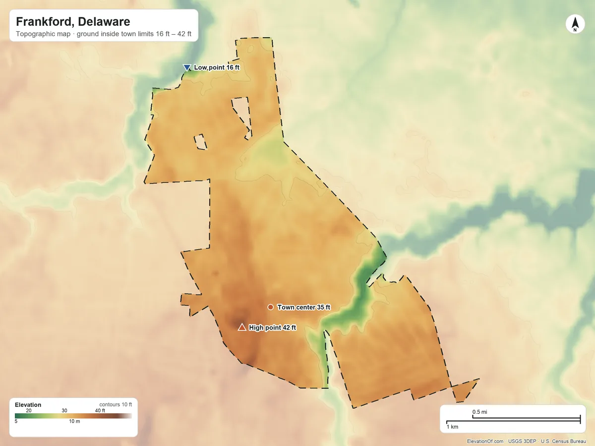 Topographic elevation map of Frankford, Delaware, shaded from 16 ft on the north side to 42 ft near the middle