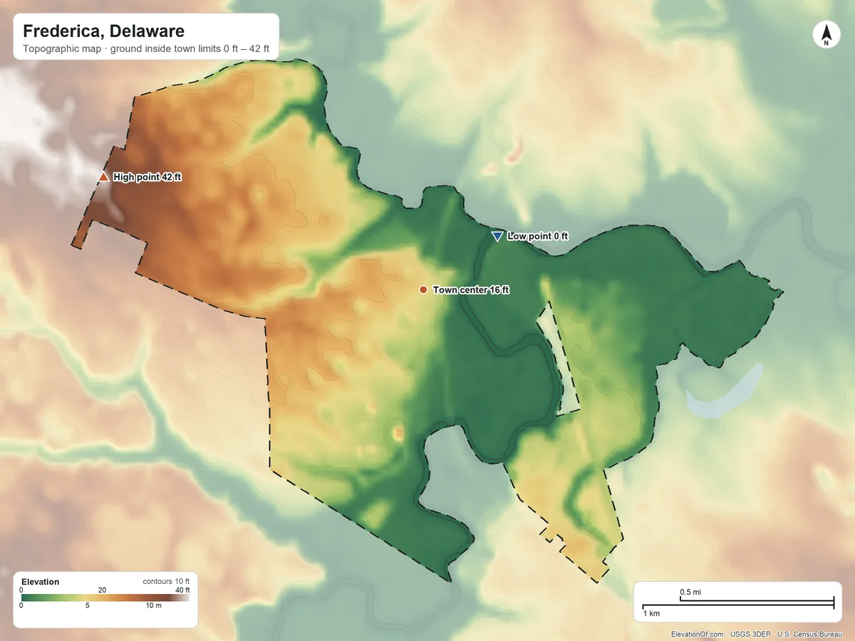 Topographic elevation map of Frederica, Delaware, shaded from 0 ft on the northeast side to 42 ft on the west side