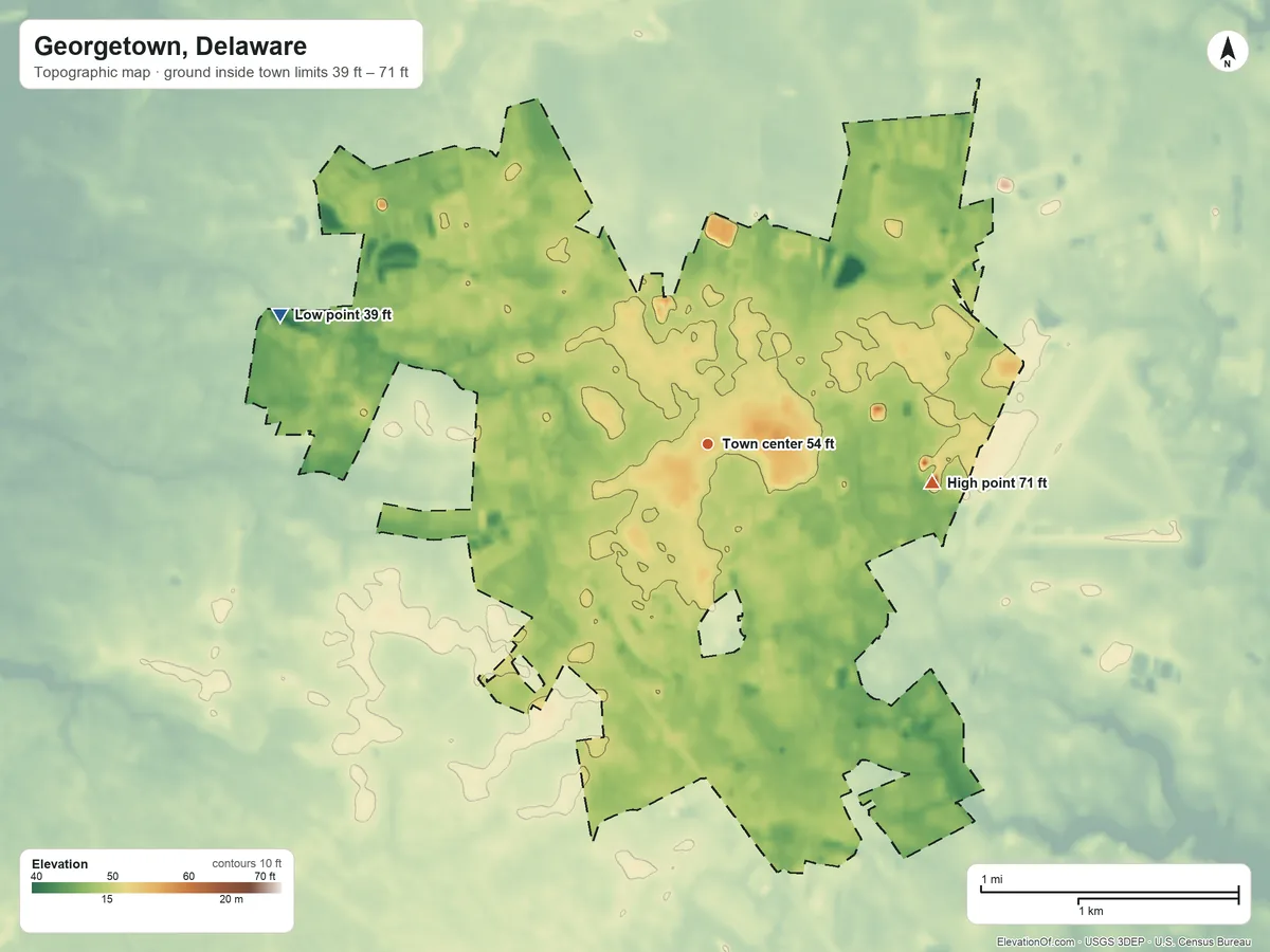 Topographic elevation map of Georgetown, Delaware, shaded from 39 ft on the west side to 71 ft on the east side