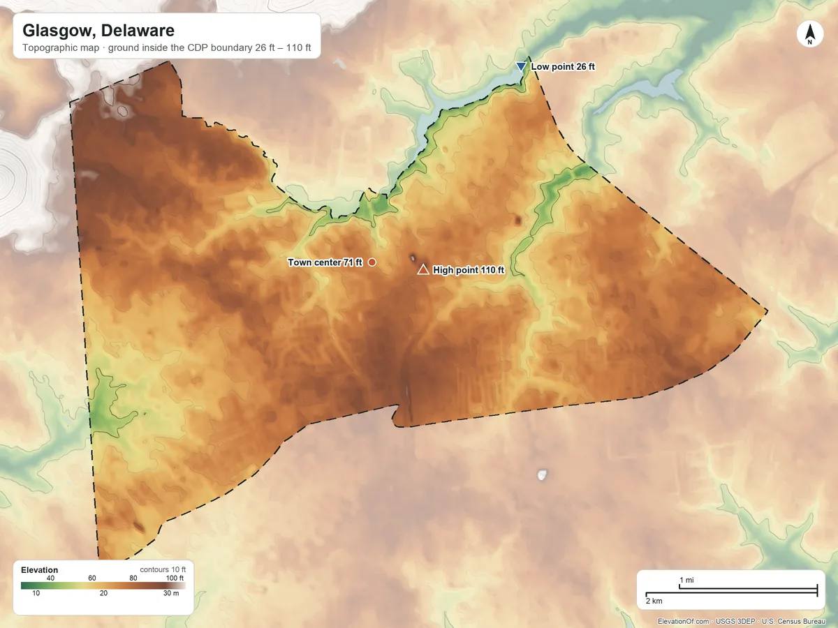 Topographic elevation map of Glasgow, Delaware, shaded from 26 ft on the northeast side to 110 ft near the middle