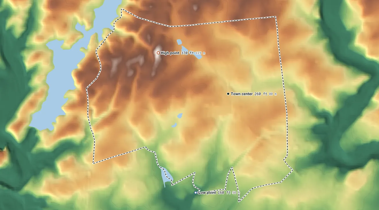 Topographic elevation map of Greenville, Delaware, shaded from 160 ft on the south side to 370 ft on the northwest side